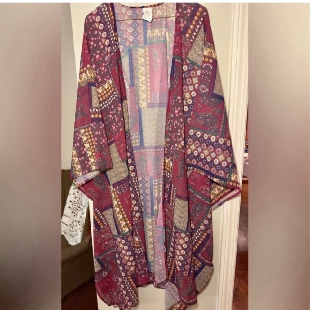 Womens 2XL Burgundy Patchwork Floral Paisley Sheer Kimono Wrap Cardigan Boho - Picture 4 of 7
